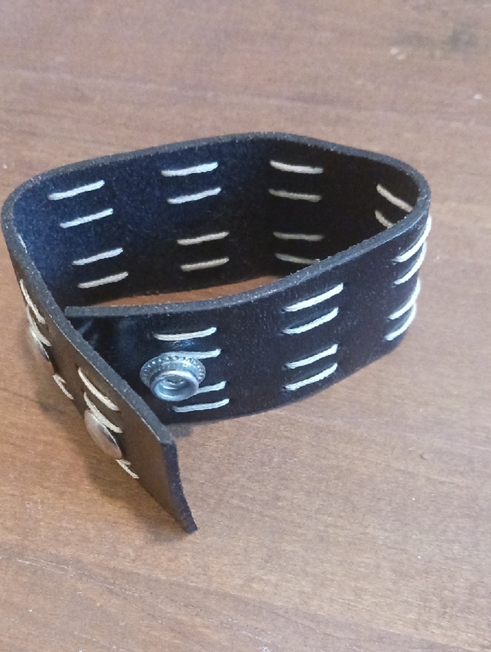 Black Leather Snap Bracelet with Ivory Stitch Detailing